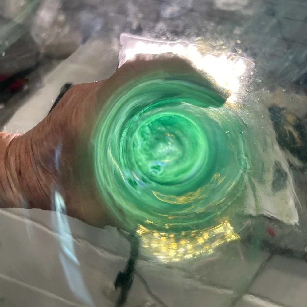 Vintage MCM Hand Blown Art Glass Vase Polished Pontil Mark Green Swirl 10.5 in